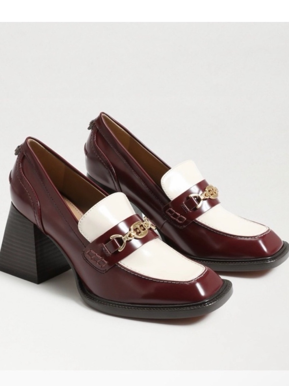 Sam Edelman Two-Tone Burgundy and White Block Heel Loafers